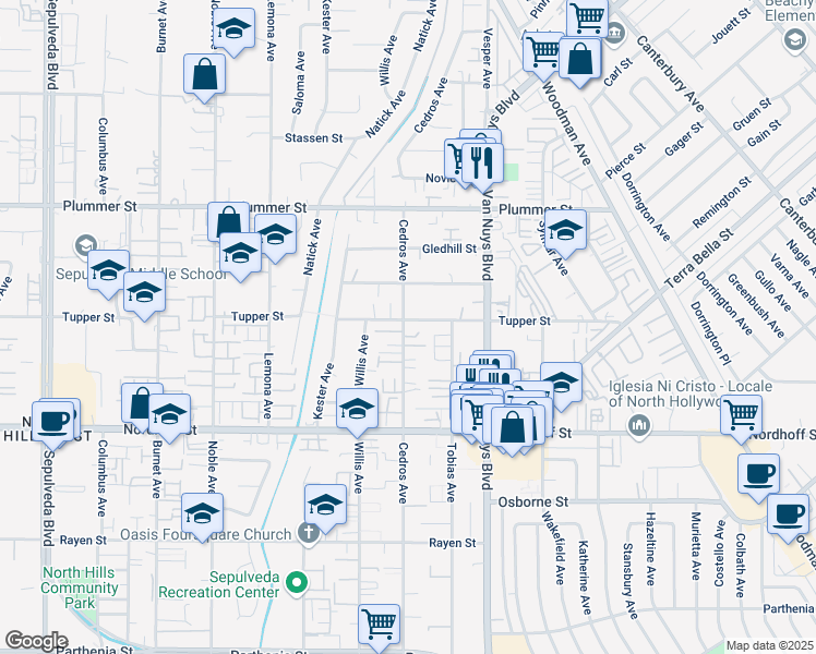 map of restaurants, bars, coffee shops, grocery stores, and more near 9256 Cedros Avenue in Los Angeles