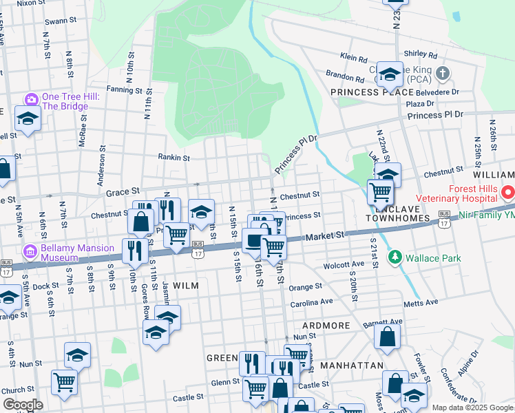 map of restaurants, bars, coffee shops, grocery stores, and more near 114 North 16th Street in Wilmington