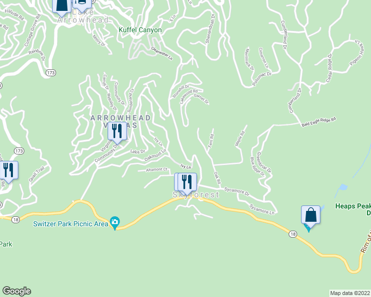 map of restaurants, bars, coffee shops, grocery stores, and more near 801 Kuffel Canyon Road in Skyforest