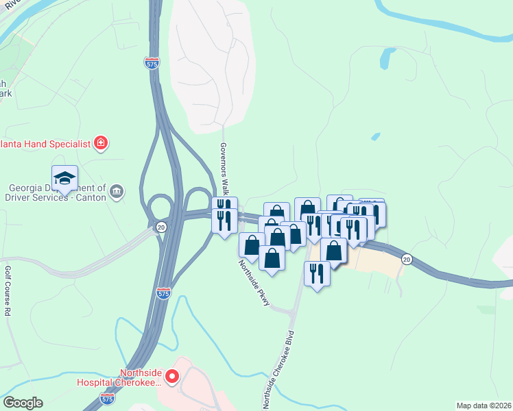 map of restaurants, bars, coffee shops, grocery stores, and more near 100 Birchwood Drive in Canton