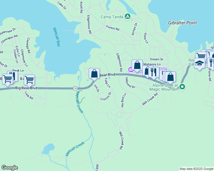 map of restaurants, bars, coffee shops, grocery stores, and more near 764 Tulip Lane in Big Bear Lake