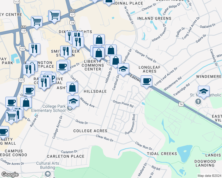 map of restaurants, bars, coffee shops, grocery stores, and more near 38 Cardinal Drive South in Wilmington