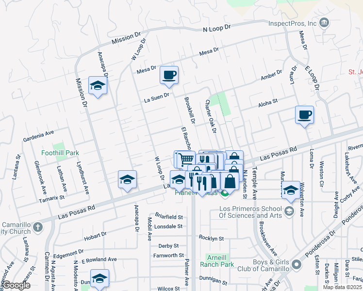 map of restaurants, bars, coffee shops, grocery stores, and more near 2271 Camilar Drive in Camarillo