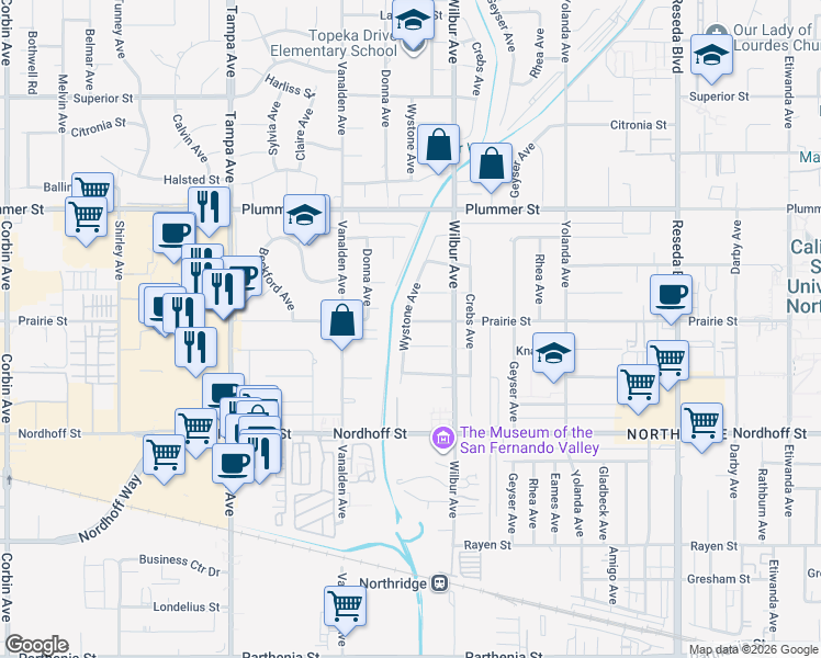 map of restaurants, bars, coffee shops, grocery stores, and more near 18944 Prairie Street in Los Angeles