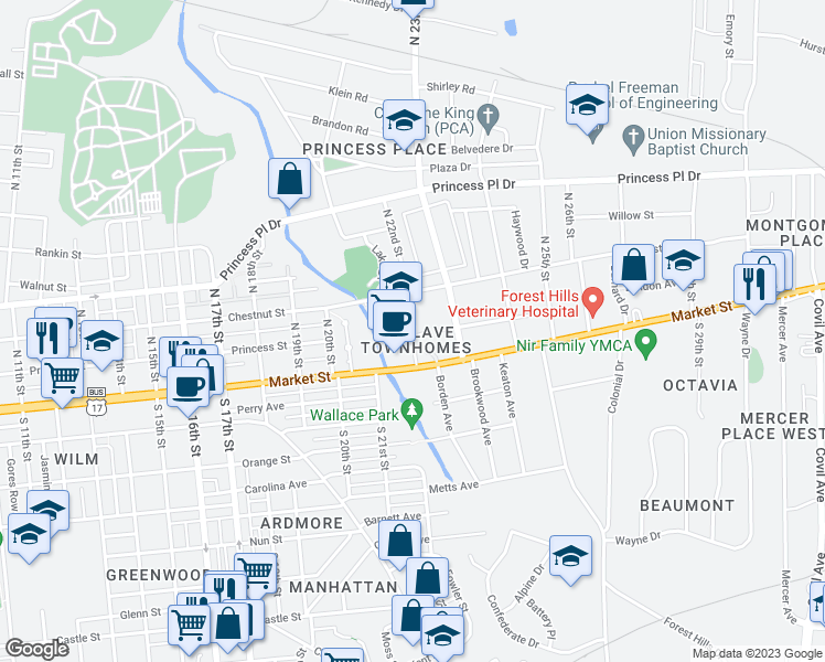 map of restaurants, bars, coffee shops, grocery stores, and more near 2119 Market Street in Wilmington