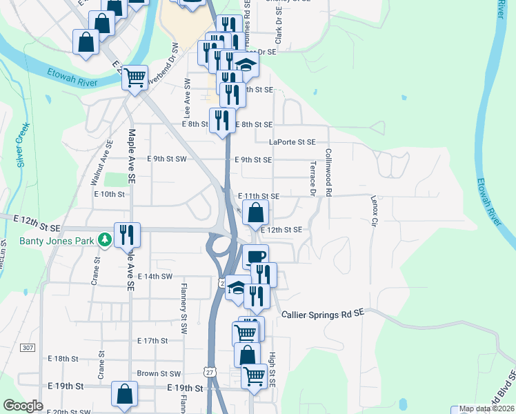 map of restaurants, bars, coffee shops, grocery stores, and more near 25 Eastwood Lane Southeast in Rome