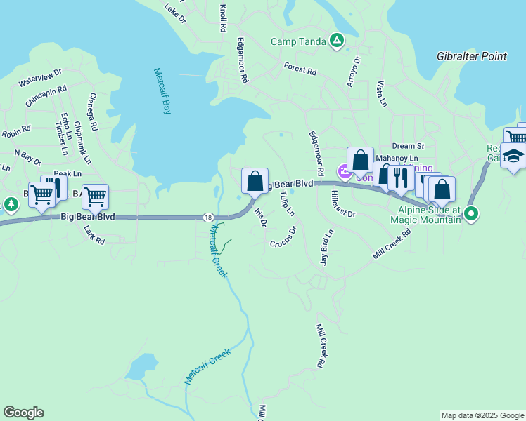 map of restaurants, bars, coffee shops, grocery stores, and more near 777 Iris Drive in Big Bear Lake