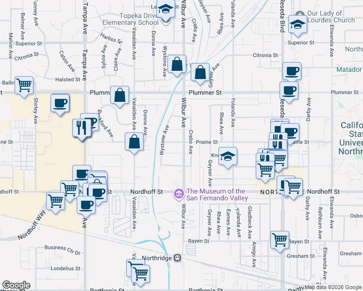 map of restaurants, bars, coffee shops, grocery stores, and more near 18900 Prairie St in Los Angeles