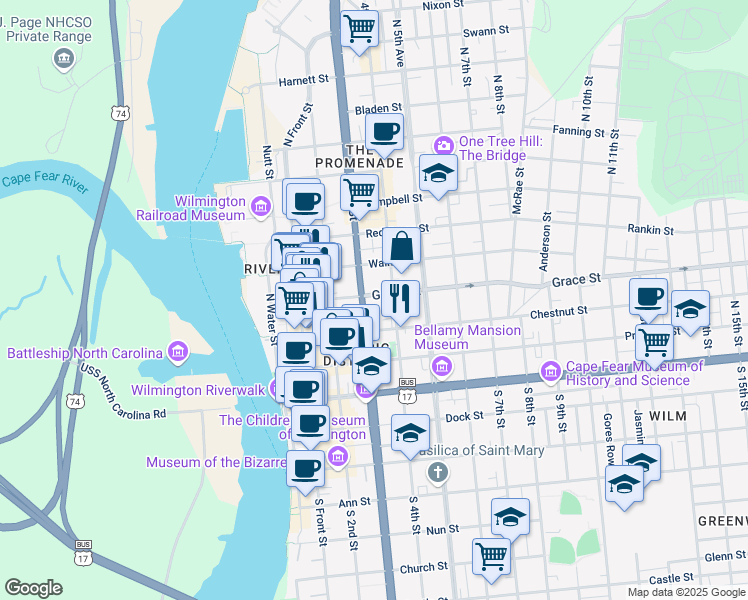 map of restaurants, bars, coffee shops, grocery stores, and more near 308 Grace Street in Wilmington