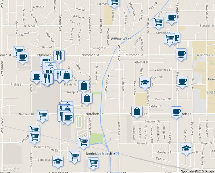 map of restaurants, bars, coffee shops, grocery stores, and more near 18944 Prairie Street in Los Angeles