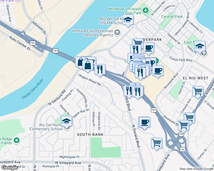 map of restaurants, bars, coffee shops, grocery stores, and more near 545 Winchester Drive in Oxnard