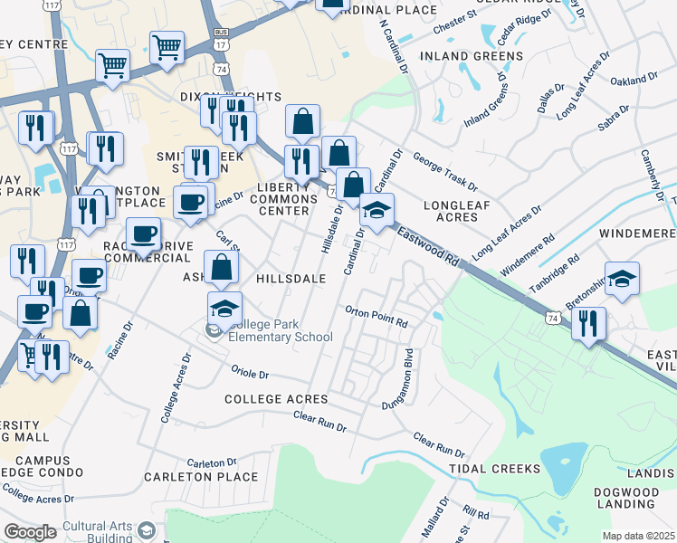 map of restaurants, bars, coffee shops, grocery stores, and more near 38 Cardinal Drive South in Wilmington