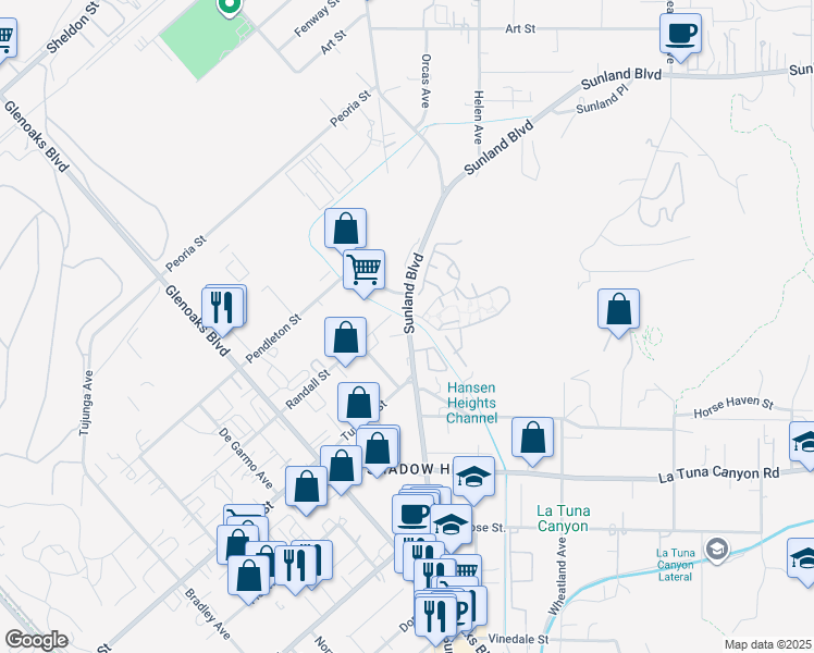 map of restaurants, bars, coffee shops, grocery stores, and more near 9325 Sunland Boulevard in Los Angeles
