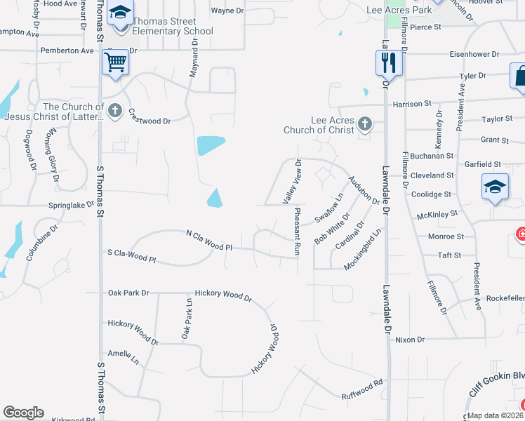 map of restaurants, bars, coffee shops, grocery stores, and more near Winter Valley Drive in Tupelo