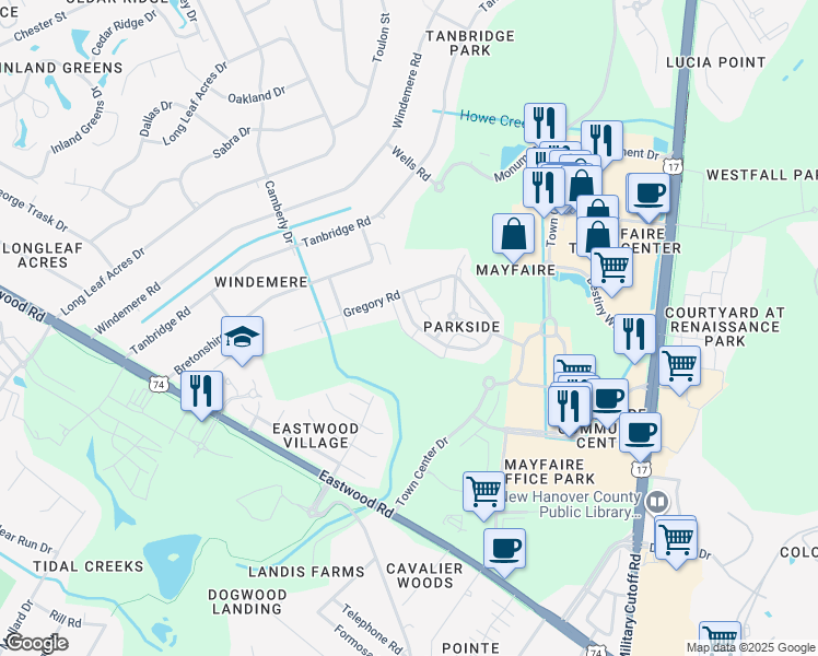 map of restaurants, bars, coffee shops, grocery stores, and more near 6525 Chalfont Circle in Wilmington
