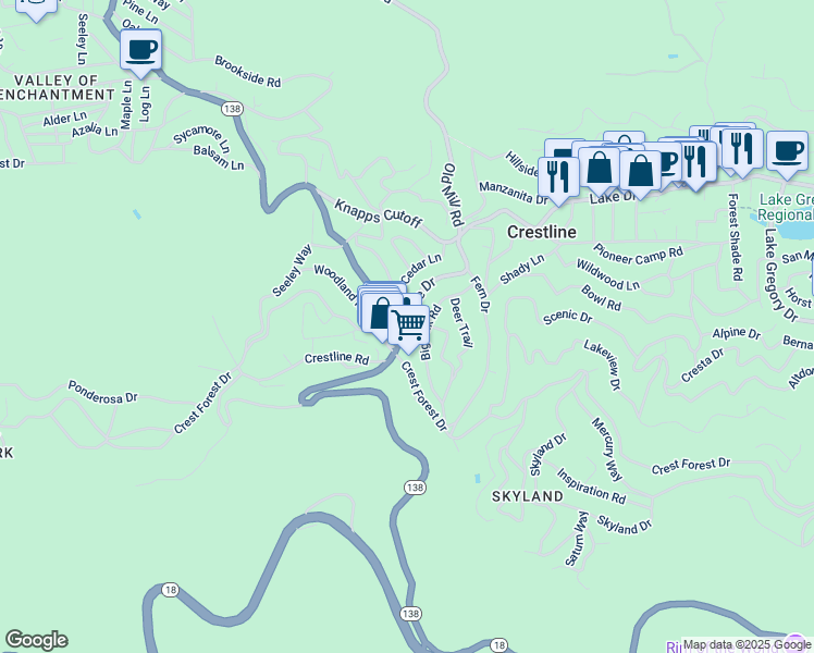 map of restaurants, bars, coffee shops, grocery stores, and more near 23489 Lake Drive in Crestline