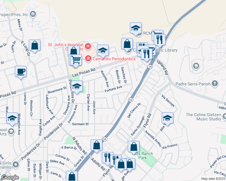 map of restaurants, bars, coffee shops, grocery stores, and more near 4106 Fortuna Avenue in Camarillo