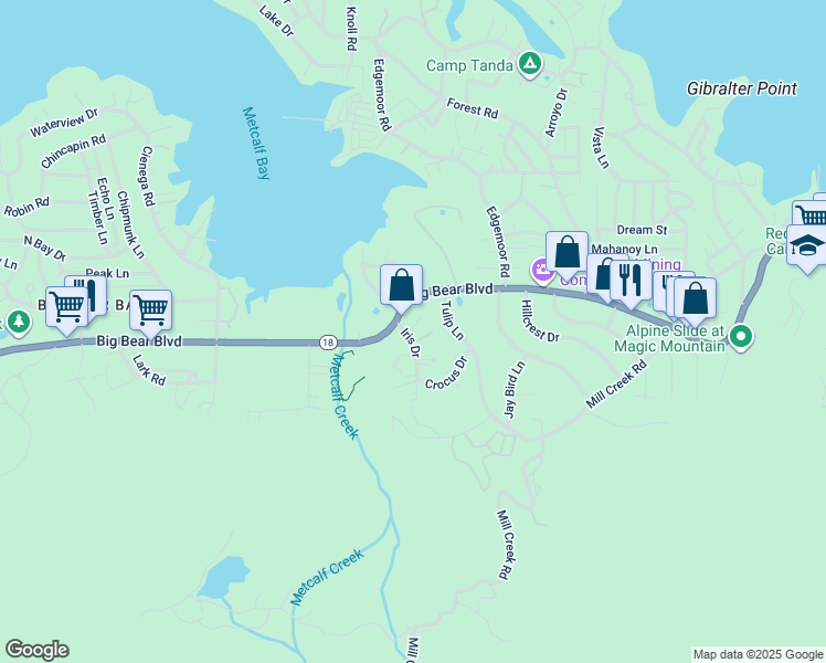 map of restaurants, bars, coffee shops, grocery stores, and more near 777 Iris Drive in Big Bear Lake