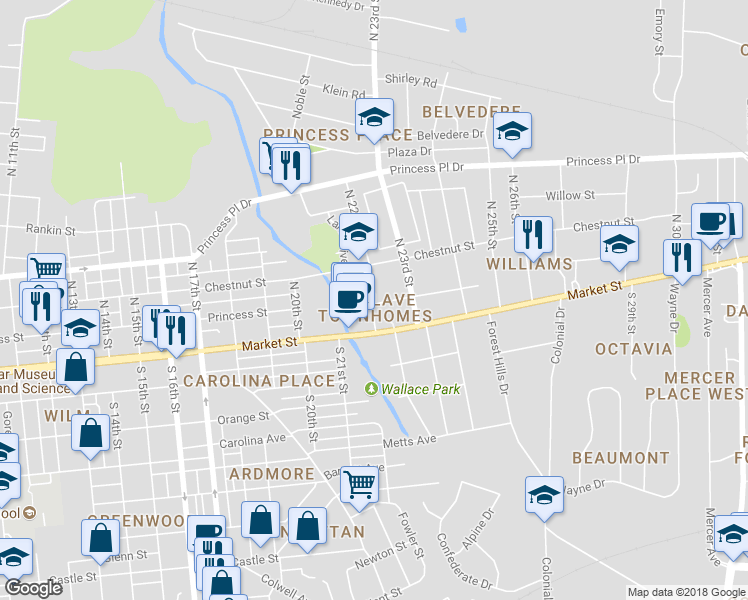 map of restaurants, bars, coffee shops, grocery stores, and more near 2121 Market Street in Wilmington