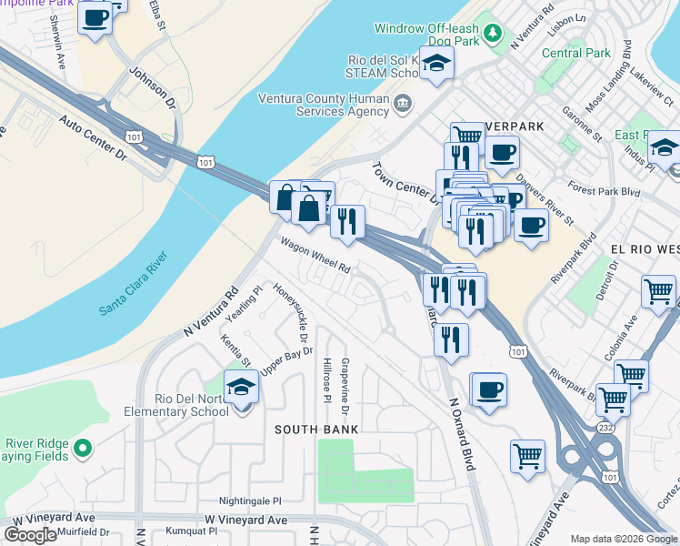 map of restaurants, bars, coffee shops, grocery stores, and more near 2731 Cactus Drive in Oxnard