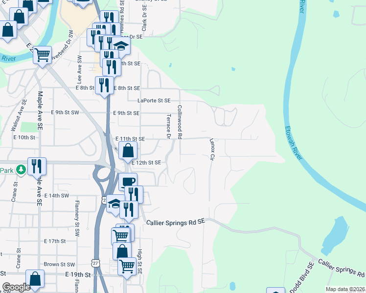 map of restaurants, bars, coffee shops, grocery stores, and more near 1101 Collinwood Road in Rome