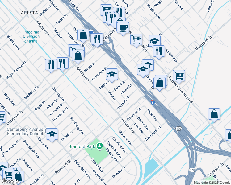 map of restaurants, bars, coffee shops, grocery stores, and more near 13210 Debell Street in Los Angeles