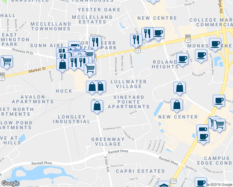 map of restaurants, bars, coffee shops, grocery stores, and more near 100 Jacksonville Street in Wilmington