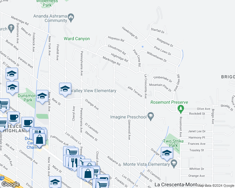 map of restaurants, bars, coffee shops, grocery stores, and more near 2946 Gertrude Avenue in La Crescenta-Montrose