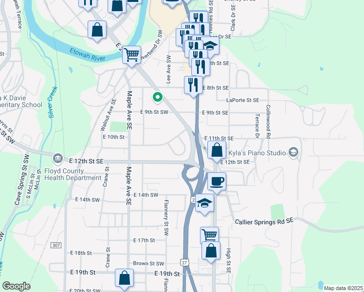 map of restaurants, bars, coffee shops, grocery stores, and more near 4 Notasulga Drive in Rome