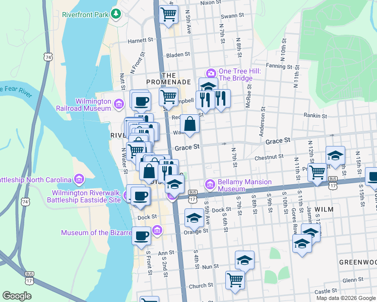 map of restaurants, bars, coffee shops, grocery stores, and more near 220 North 4th Street in Wilmington