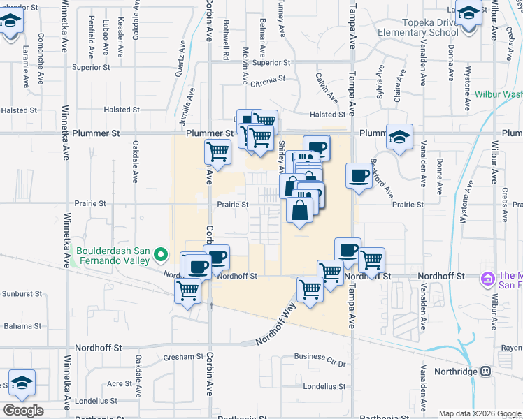 map of restaurants, bars, coffee shops, grocery stores, and more near 19533 Cardigan Drive in Los Angeles