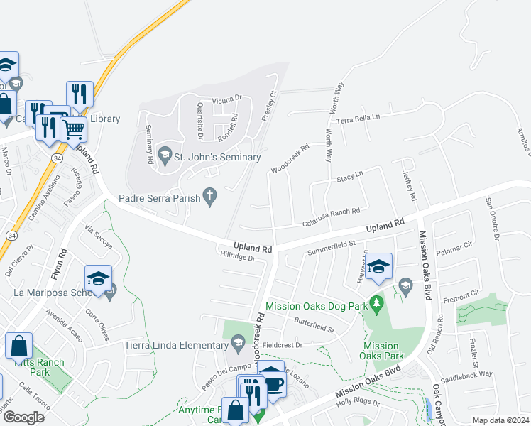 map of restaurants, bars, coffee shops, grocery stores, and more near 5390 Plata Rosa Court in Camarillo