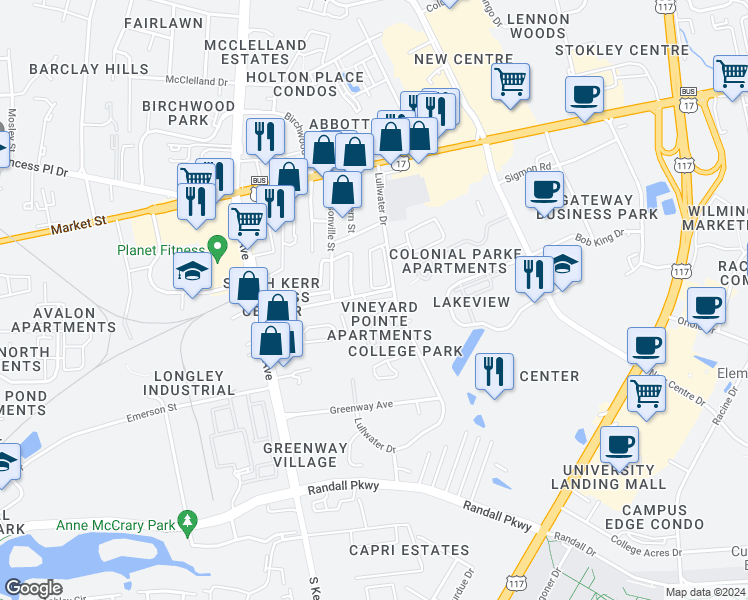 map of restaurants, bars, coffee shops, grocery stores, and more near 4914 Franklin Avenue in Wilmington