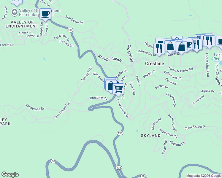 map of restaurants, bars, coffee shops, grocery stores, and more near 23406 Crest Forest Drive in Crestline