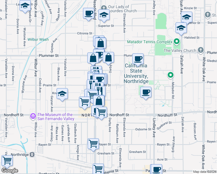 map of restaurants, bars, coffee shops, grocery stores, and more near 18400 Prairie Street in Los Angeles