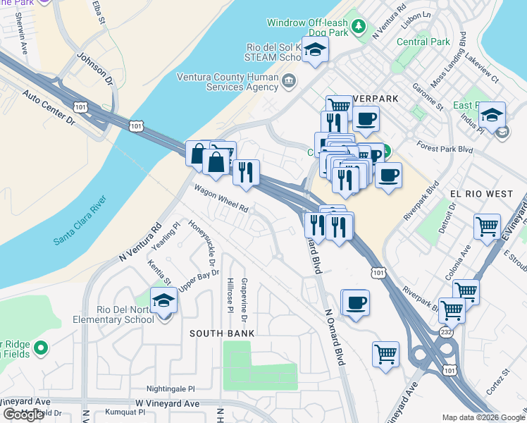 map of restaurants, bars, coffee shops, grocery stores, and more near 545 Winchester Drive in Oxnard