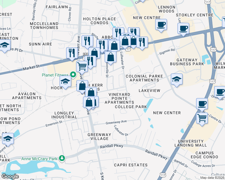 map of restaurants, bars, coffee shops, grocery stores, and more near 4904 Franklin Avenue in Wilmington