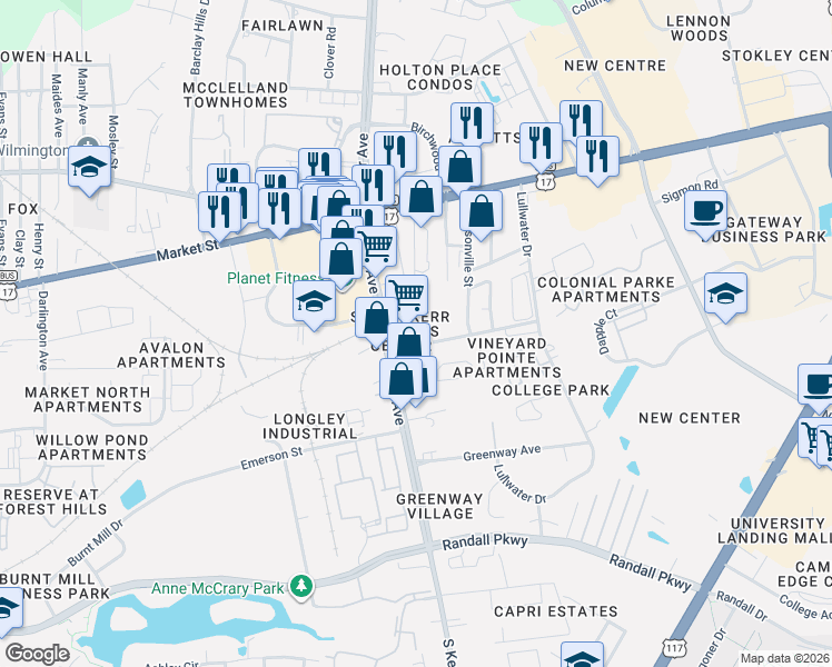 map of restaurants, bars, coffee shops, grocery stores, and more near 4615 Franklin Ave in Wilmington