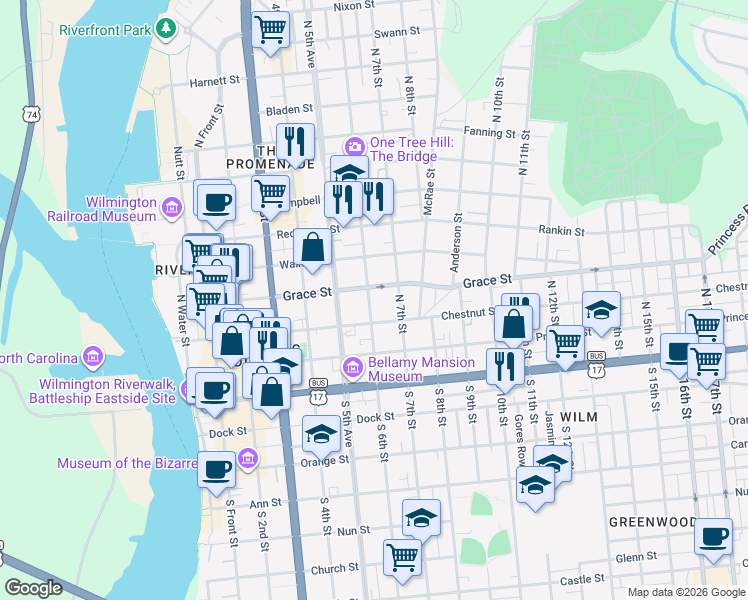 map of restaurants, bars, coffee shops, grocery stores, and more near 215 North 7th Street in Wilmington