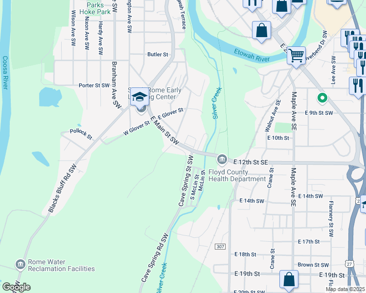 map of restaurants, bars, coffee shops, grocery stores, and more near 202 East Main Street Southwest in Rome