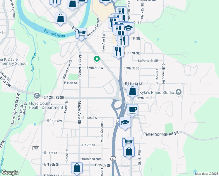 map of restaurants, bars, coffee shops, grocery stores, and more near 2 Notasulga Drive in Rome