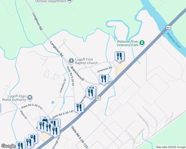 map of restaurants, bars, coffee shops, grocery stores, and more near 125 Branhamwood Road in Lugoff