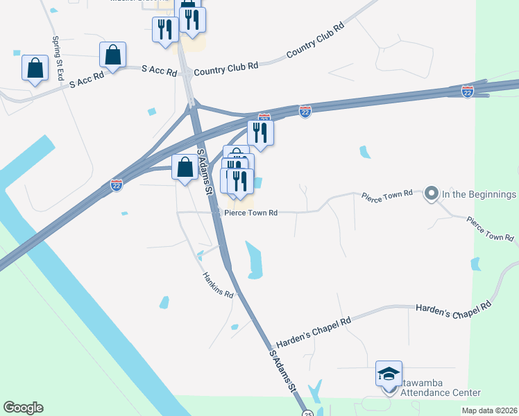 map of restaurants, bars, coffee shops, grocery stores, and more near 106 Pierce Town Rd in Fulton