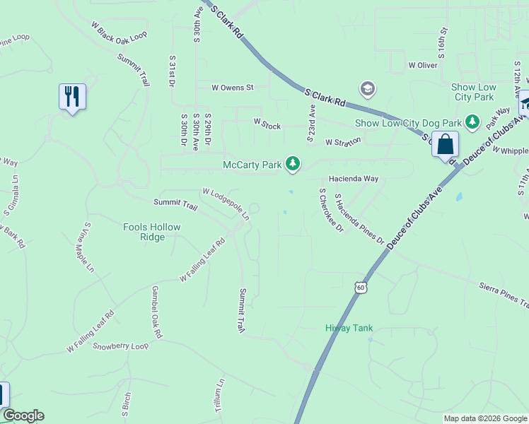 map of restaurants, bars, coffee shops, grocery stores, and more near 1081 South Pinon Circle in Show Low