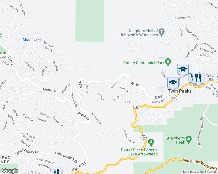 map of restaurants, bars, coffee shops, grocery stores, and more near 23657 Lo Lane in San Bernardino County