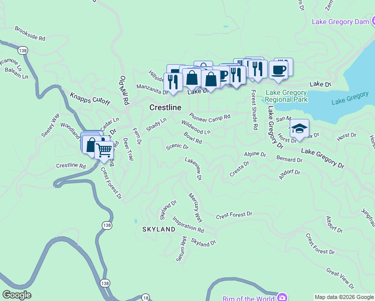map of restaurants, bars, coffee shops, grocery stores, and more near 23825 Scenic Drive in Crestline