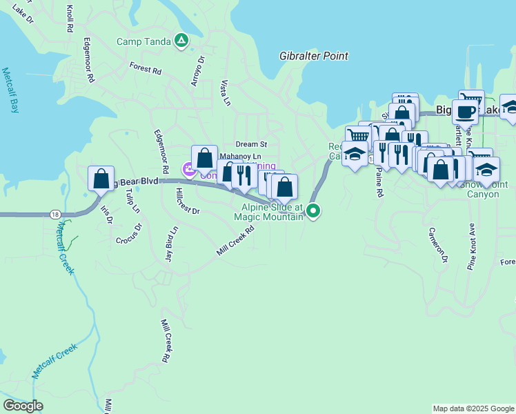 map of restaurants, bars, coffee shops, grocery stores, and more near 40229 Big Bear Boulevard in Big Bear Lake