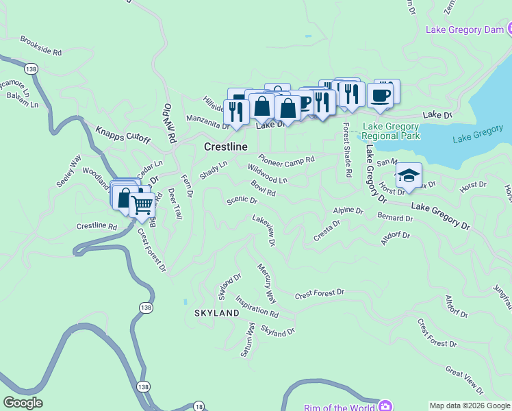 map of restaurants, bars, coffee shops, grocery stores, and more near 23833 Scenic Drive in Crestline