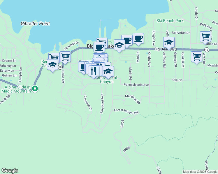 map of restaurants, bars, coffee shops, grocery stores, and more near 745 Stocker Road in Big Bear Lake
