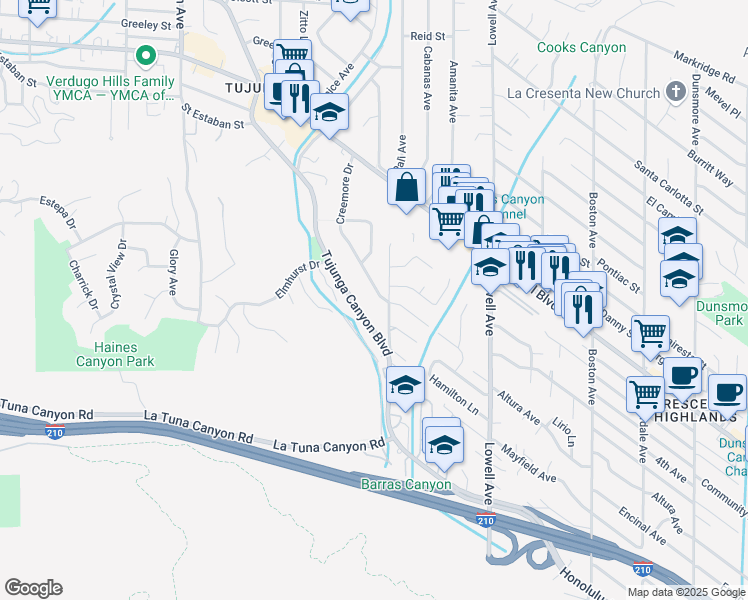 map of restaurants, bars, coffee shops, grocery stores, and more near 9413 Creemore Drive in Los Angeles